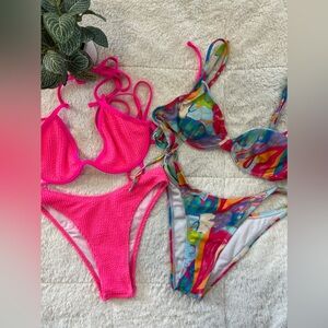 SHEIN Swim Bikinis: Tie-Dye Beach Underwire & Thong Bikini, Pink Textured Bikini